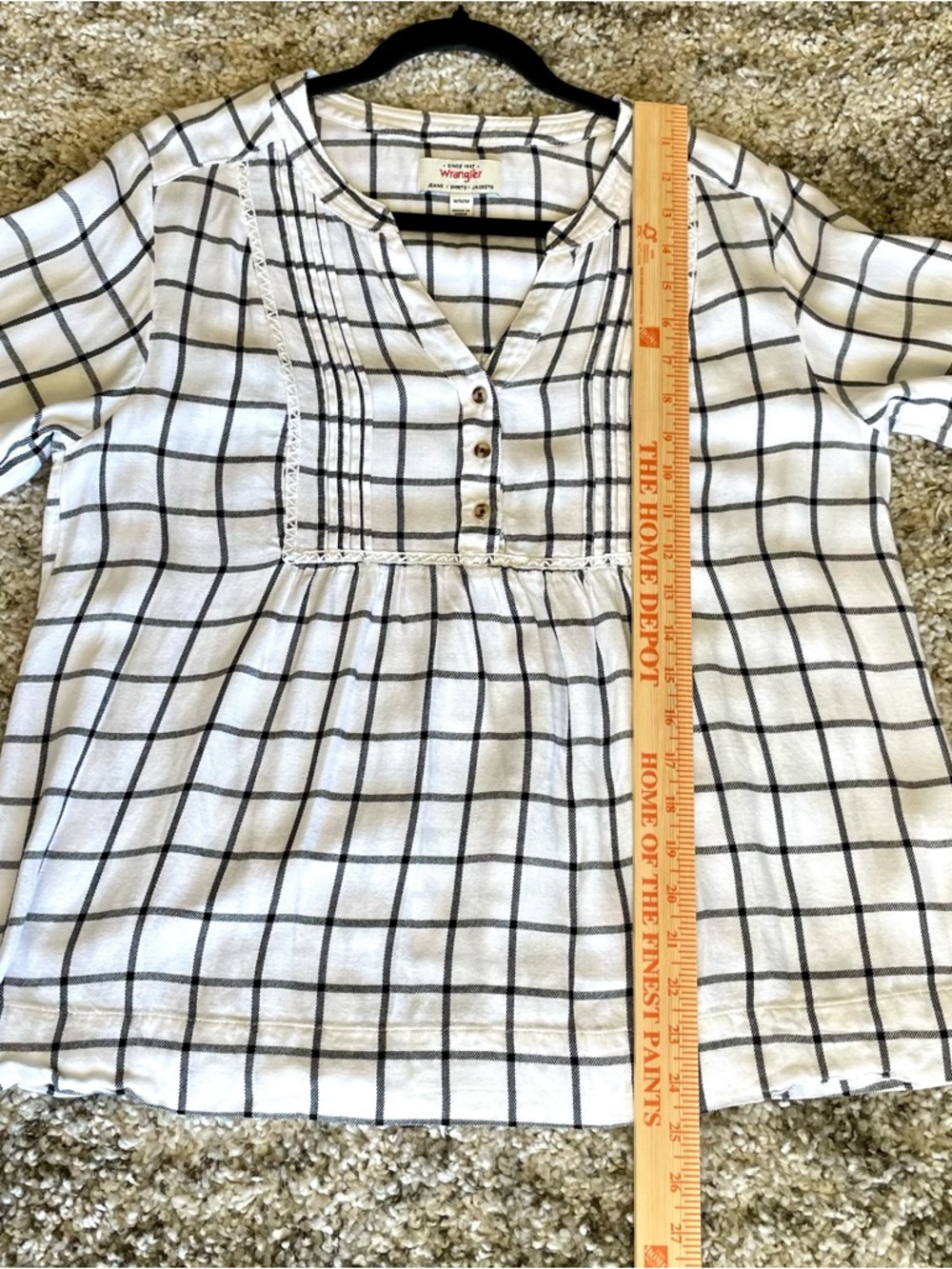 Wrangler Women’s Plaid Blouse Medium- Black & White Windowpane Pintuck Boho Top - Picture 7 of 13